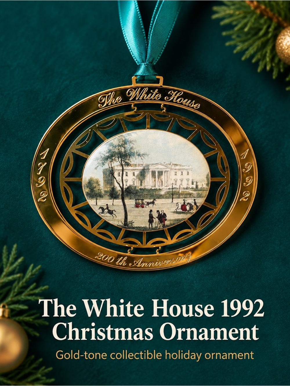 The White House 1992 Gold Holiday Ornament with Teal Ribbon